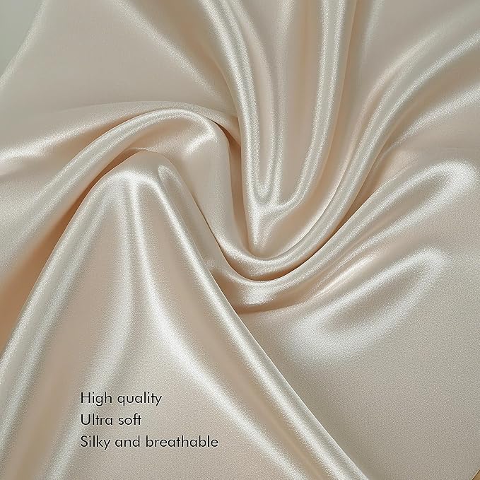 KISMETICS - Vegan Silk Sleep Set, Vegan Silk Pillowcase with Large Scrunchie and Eye Mask for Hair and Skin, Self Care Essential Satin Night Routine Kit (Champagne Color)