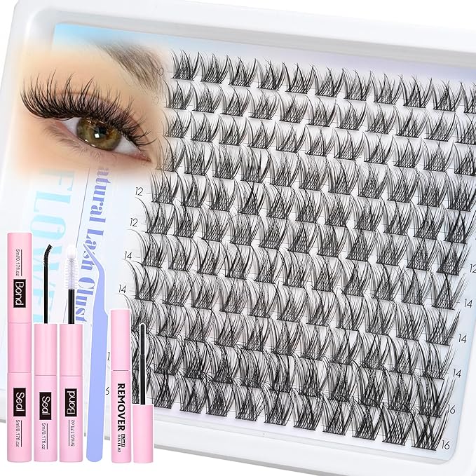 Natural Lash Clusters Kit Wispy Lash Extension Kit 10-16mm Eyelash Clusters C Curved Cluster Eyelash Extensions Long-lasting Eyelash Extension Kit with Lash Bond and Seal, Lash Remover by Lanflower
