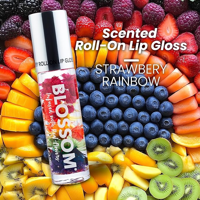 Blossom Roll on Lip Gloss, Scented Clear High Shine Moisturizing Lip Oil, Non Sticky, Infused with Real Flowers, Made in USA, 0.2oz, Strawberry Rainbow