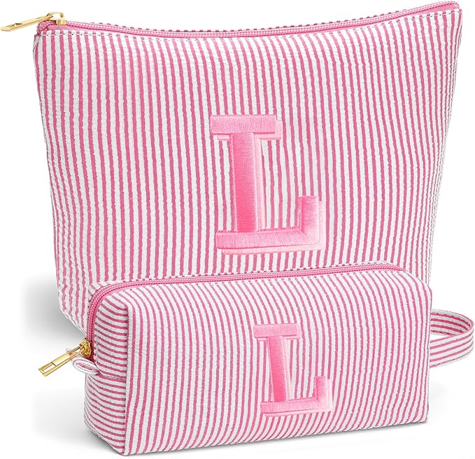 Fohufo Travel Makeup Bag for Girls - Personalized Initial Pink Makeup Bag, Teen Girl Gifts Trendy Stuff, 6 7 8 9 10 11 12 Year Girl Birthday Gift, Christmas Gift for Girls Travel Essentials, Letter L