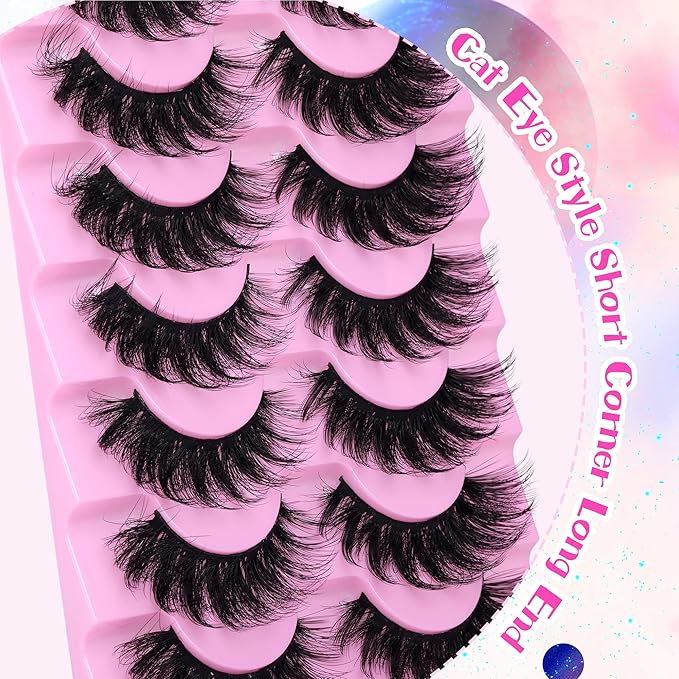 JIMIRE Faux Mink Lashes Fluffy Volume False Eyelashes Pack Dramatic Natural Look Wispy Cat Eye 18MM Fake Lashes 7 Pairs