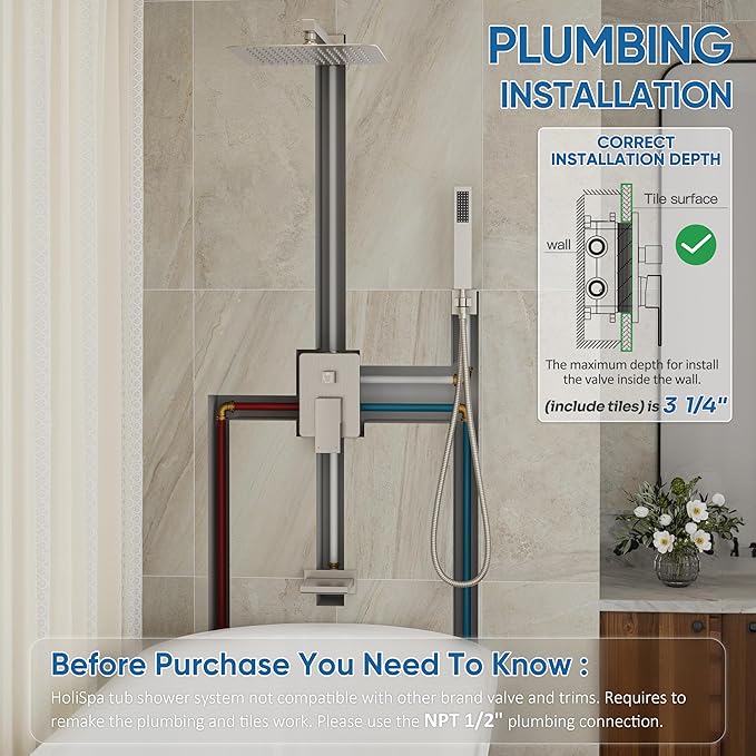 HoliSpa Tub Shower System, All Metal Tub Shower Faucet Set with 12" Rain Shower Head and Handheld Spray combo, Wall Mounted Shower Systems with Tub Spout, Valve and Trim Kit, Brushed Nickel