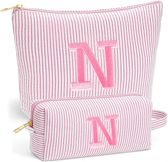 Fohufo Initial Travel Toiletry Bag for Women - Travel Essentials, Personalized Travel Makeup Bag Small Cosmetic Make up Bag Cute Stuff Birthday Gifts for Women Mom Girlfriend Teacher, Light Pink N