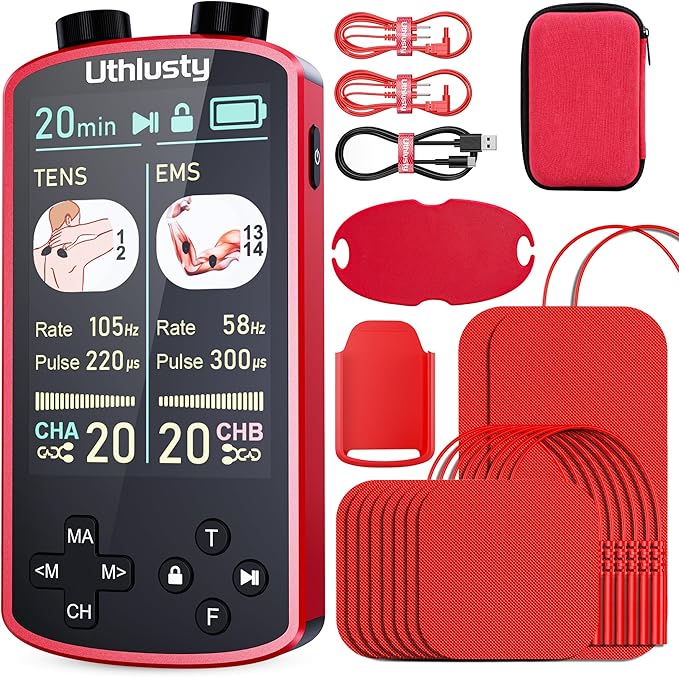 TENS Unit Muscle Stimulator with Color Display,Dual Channel TENS EMS Machine with Customizable Frequency&Pulse Width,36 Modes,20 Intensity Levels,Rechargeable Pain Relief Device–Red(Button Layout B)