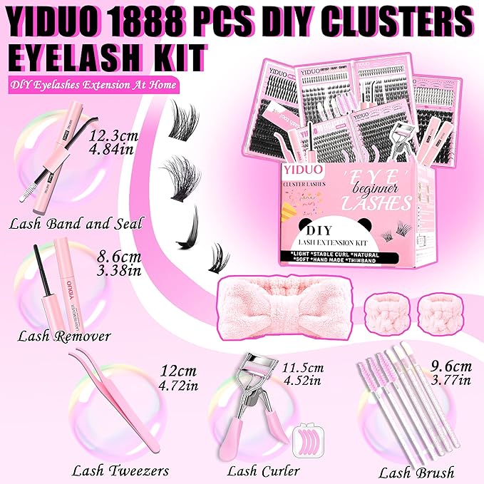 8 Styles Mix Lashes Clusters Kit 4 Box Cluster Lash Book Kit with Bond&Seal 1888Pcs 100D/200D/300D Volume Manga Eyelash Extension with Spikys/Bottom lash Kit for Beginners DIY at Home Easily