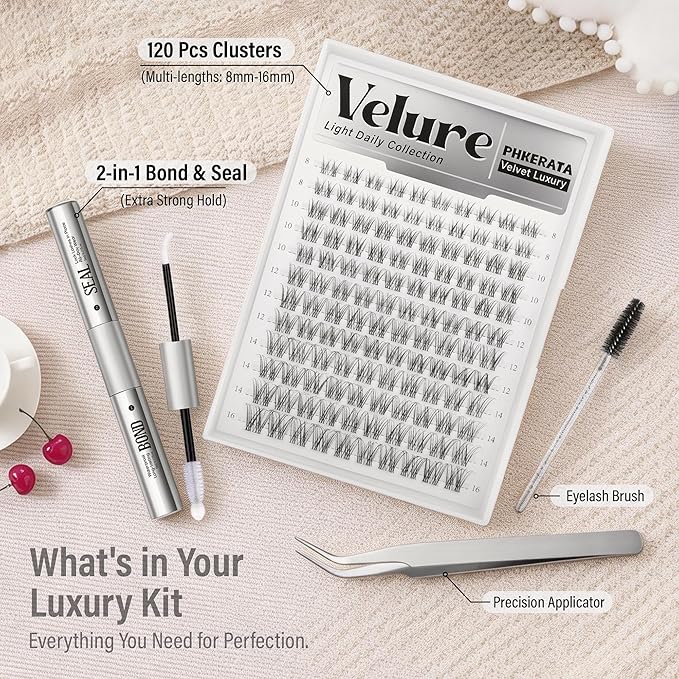 Velure Lash Clusters Kit Natural Eyelash Clusters Wispy Lash Extension Kit Invisible Clear Band Lashes DIY Cluster Eyelash Extensions with Bond and Seal Tweezers, 8-16mm, 120Pcs