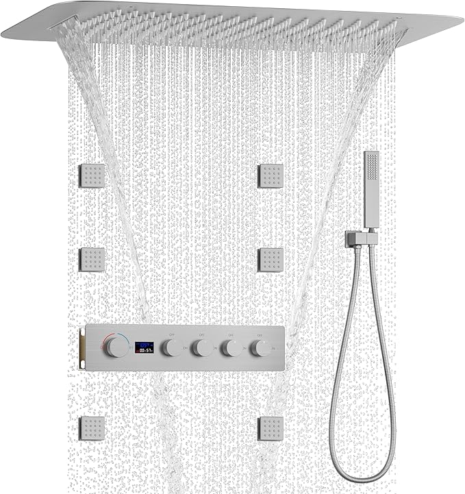 KATAIS Brushed Nickel Shower System with Digital Temperature Display, 16x24 inch Ceiling Shower(Rain&Waterfall Modes), with 6 PCS Body Jet and Handheld Spray