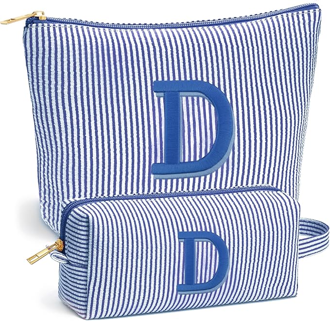 Fohufo Travel Essentials - Portable Travel Makeup Bag Set for Women, Custom Portable Initial Travel Toiletry Bag, Makeup Pouch Organizer Cosmetic Bag Birthday Gifts for Women, Blue Letter D