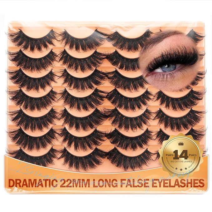 Strip Lashes False Eyelashes Long Volume Fake Eyelashes Wispy Cat Eye Lashes 14 Pairs Dramatic Big Eyelashes Thick Fluttery Faux Mink Lashes