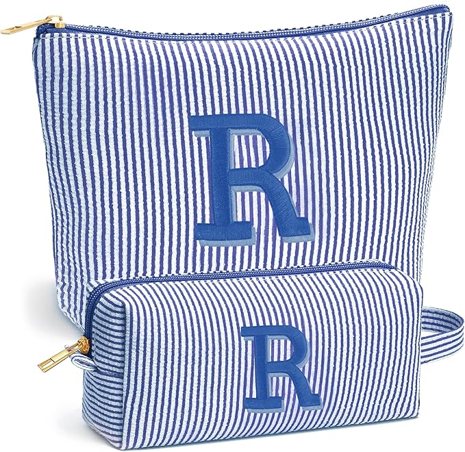 Fohufo Initial Makeup Bag Set for Women - Personalized Travel Pouch, Portable Cosmetic Bag Make up Kit Pouch | Travel Essentials Cute Makeup Bag Birthday Gifts for Women, Blue Letter R