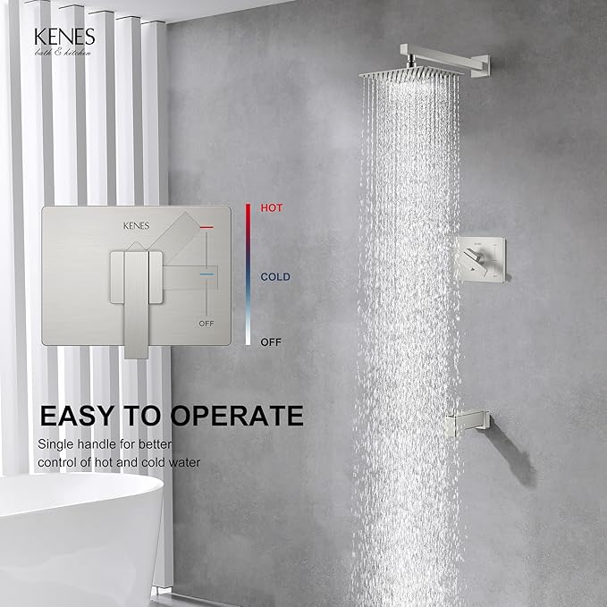 KENES Brushed Nickel Tub Shower Faucet Set Complete, Tub and Shower Trim Kit with 10-Inch Rain Shower Head, Square Shower System, KE-6024A (Shower Valve Included)