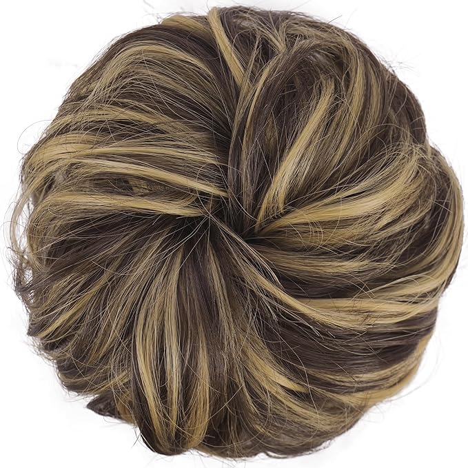 FESHFEN Large Messy Bun Hair Piece - Wavy Synthetic Chignon Scrunchies Elastic Ponytail Hair Extensions Thick Hairpieces for Women, Dark Brown & Champagne Blonde 1.94oz