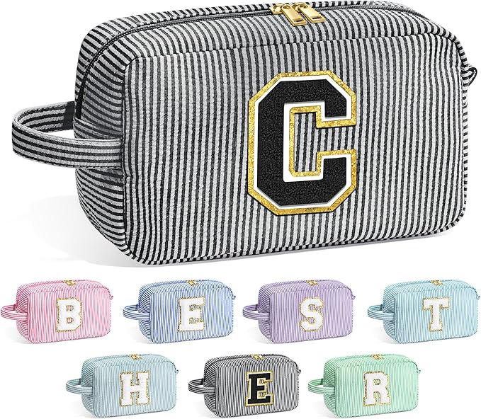 YOOLIFE Birthday Gifts for 6 7 8 9 10 11 12 13 14 15 Year Old Teen Girl - Initial Makeup Bag Letter Toiletry Pouch Cosmetic Case, Personalized Teen Girl Gifts Trendy Stuff, Black C