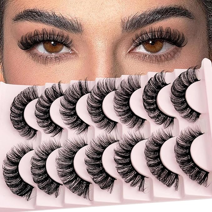 Mink Lash Fluffy Natural Look D Curl Eyelashes that Look Like Extensions Short Thick Lashes 7 Pair Wispy Cat Eye Strip False Volume Lash Pack 8-16mm Full Mega Double Stacked Eyelash Small Fake Lashes