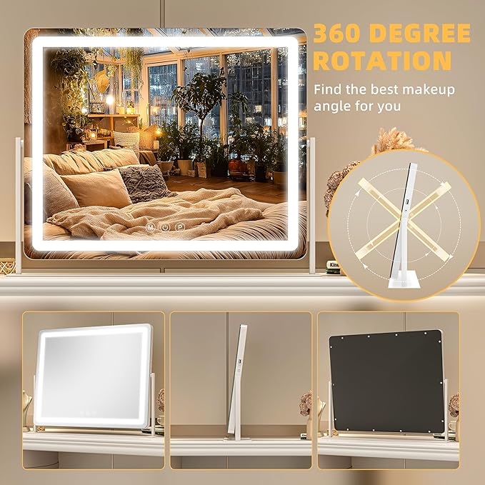 Large Vanity Mirror with Lights 29.5'' x 22'' - Touch Screen Hollywood Makeup Mirror, 3 Color Modes + Dimmable LED Lighting, Premium Aluminum Frame for Dressing Table & Bathroom