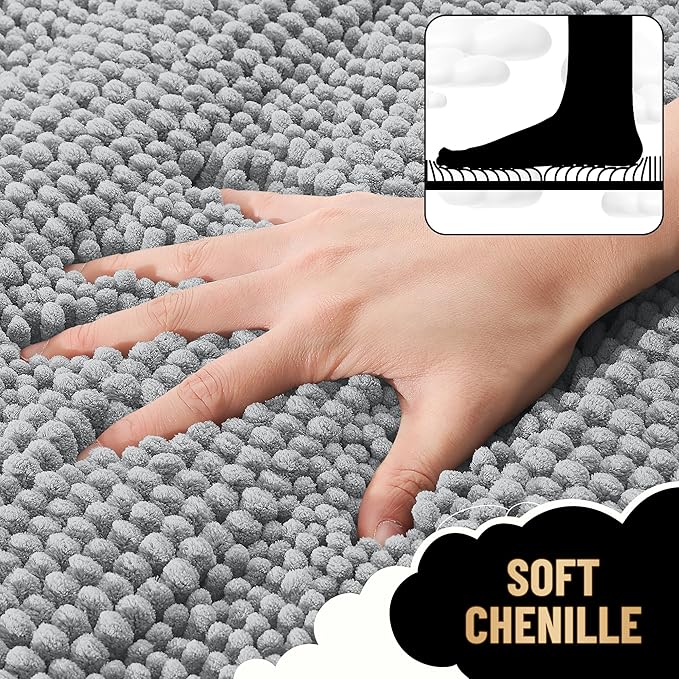 OLANLY Thick Bathroom Rugs 30x20, Extra Soft Absorbent Chenille Striped Bath Rugs, Rubber Backing, Machine Wash Dry, Bath Mats for Bathroom Floor, Tub and Shower, Home Decor Accessories, Light Grey
