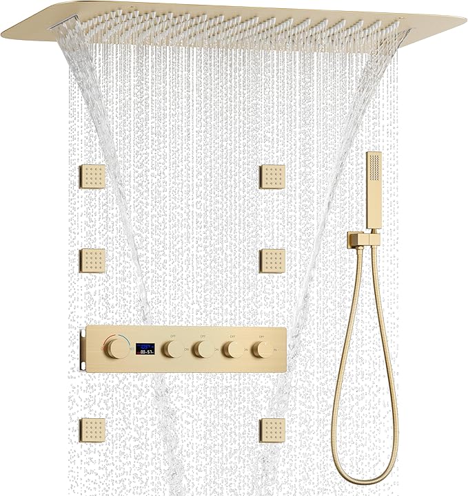 KATAIS Brushed Gold 16X24 inch Ceiling Mounted Rain Shower Head System(Rain&Waterfall Modes), Digital Display Shower Set with 6 PCS Body Jet and Handheld Spray