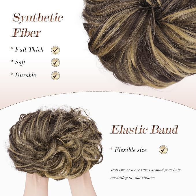 FESHFEN Messy Bun Hair Piece - Wavy Synthetic Chignon Scrunchies for Instant Volume, Elastic Bun Ponytail Hair Extensions Thick Hairpieces for Women, Dark Brown & Champagne Blone 1.50 oz