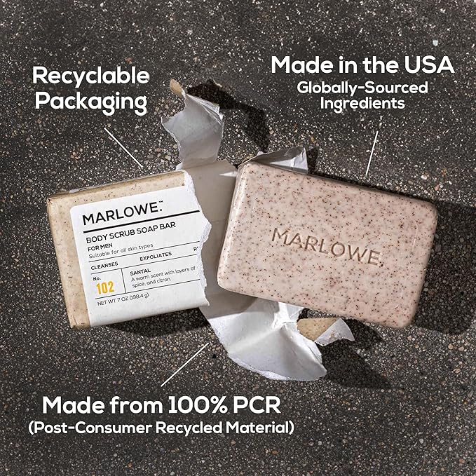 MARLOWE. No. 102 Body Scrub Soap 7 oz (6 Bars), Santal, Exfoliating Soap Bar with Shea Butter, Olive Oil & Green Tea Extracts, Cleanses, Smooths & Revitalizes Skin, Warm Amber, Spice & Citron Scent