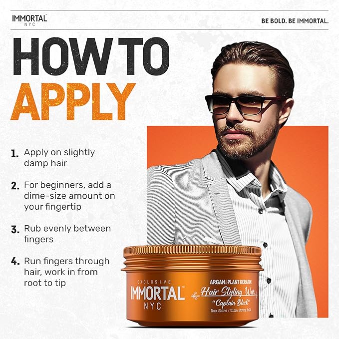 Immortal NYC Captain Black Hair Wax - 8 out of 9 Holding Ability, Max Shine - All Natural Water-Based Hair Wax for Men - No Residue, All Hair Types