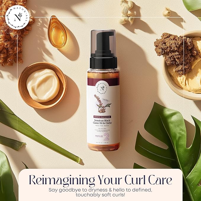 NaturAll Jamaican Black Castor Oil & Chebe Curly Hair Mousse - Sulfate-Free, Lightweight Anti-Frizz Styling Foam for Defined Curls, Long-Lasting Hold & Enhanced Shine (8.5 Oz)