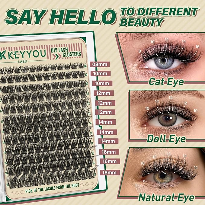 KEYYOU Lash Clusters Kit 144pcs Soft&Natural Lash Clusters Fluffy Lash Extension Kit D Curl 8-18MIX with Bond and Seal,Applicator Thin Band Eyelash Clusters for DIY at Home(Haze）