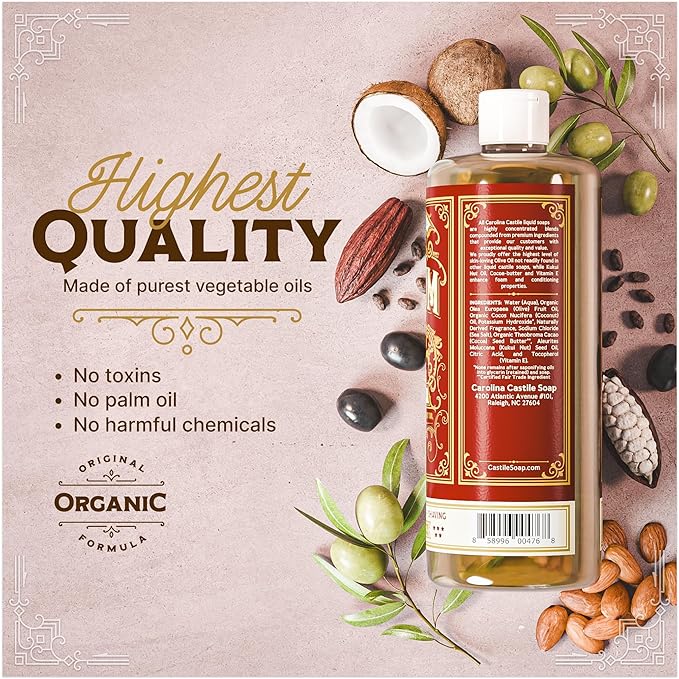 Carolina Castile Soap Bay Rum Scent – Certified Organic Base, High Olive Oil Content, Non-Drying, Made with Organic Oils, Concentrated Natural Body Wash for Men and Women (Bay Rum, 32 Fl Oz)