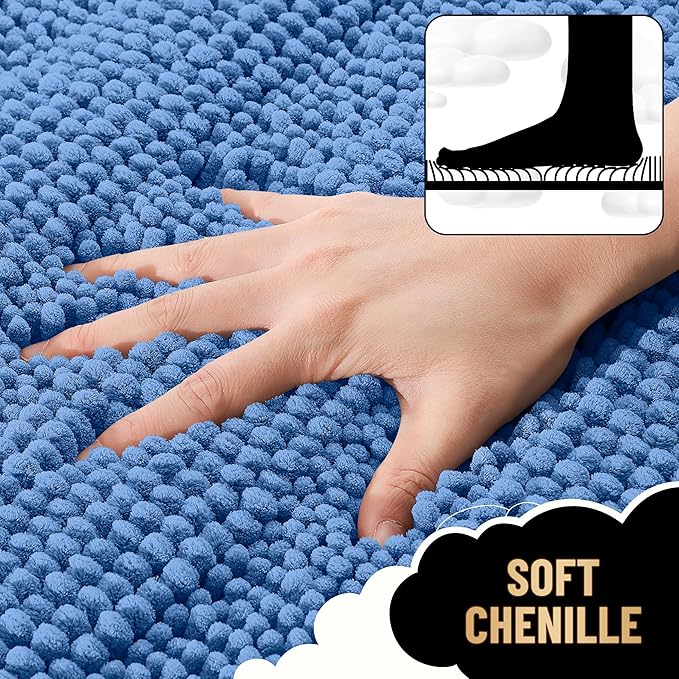 OLANLY Thick Bathroom Rugs 24x16, Extra Soft Absorbent Chenille Striped Bath Rugs, Rubber Backing, Machine Wash, Bath Mats for Bathroom Floor, Tub and Shower, Home Decor Accessories, Cornflower Blue