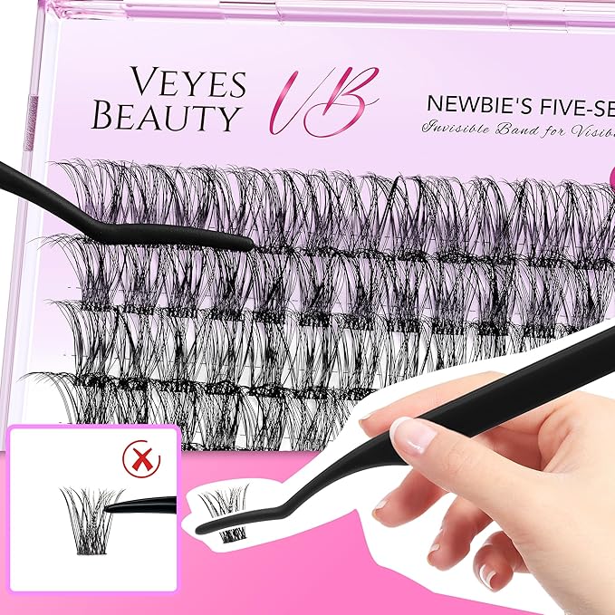 VEYESBEAUTY Lash Clusters Individual Eyelash Extensions Thin & Invisible Band DIY False Eyelashes for Self-application Newbie's Five-Second Series Wispy Lash Tray, Boldeye 16mm Single Length