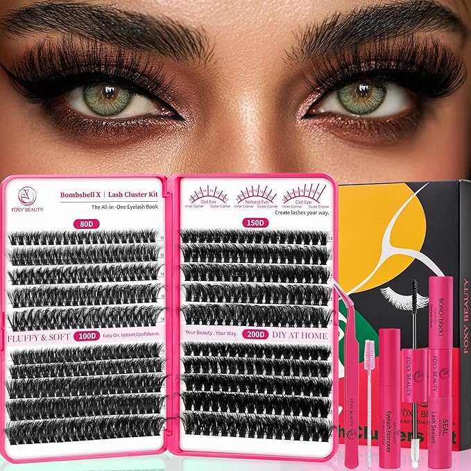 Bombshell X Volunm Lash Clusters Kit Thick Mink 80D-200D Lash Extension Kit 400Pcs 5D Fluffy Eyelash Extension Kit 10-18mm Individual Eyelashes with Lash Bond, Lash Remover, Lash Applicator