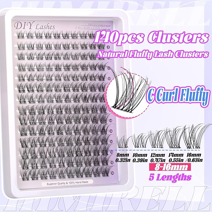 Natural Lash Clusters Kit Wispy Lash Invisible Lash Band Cluster Eyelash Extensions Kit 8-16mm Individual Lashes Extension DIY D Curl Eyelash with Waterproof Clear Lash Band Clusters