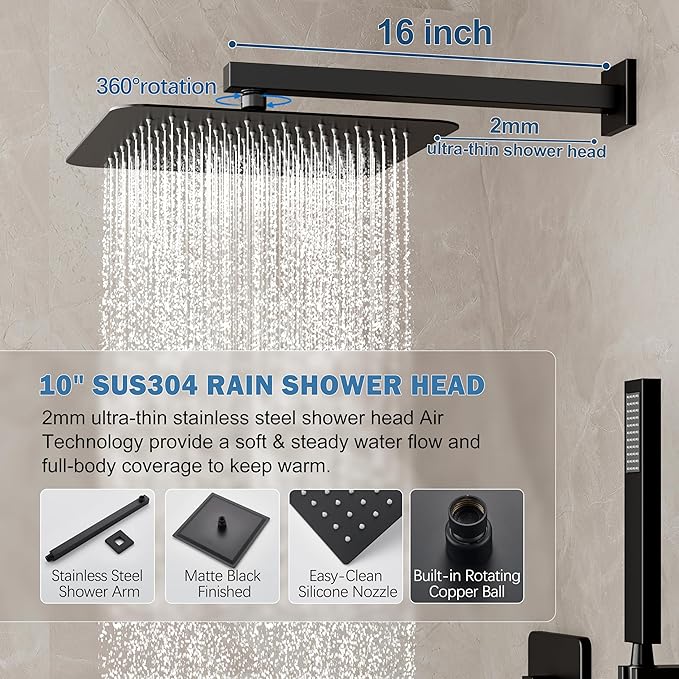 HoliSpa Black Shower System, Shower Faucet Set with 10-Inch Rain Showerhead and Handheld Spray, Wall Mounted High-Pressure Showerhead Combo Set Included Valve and Trim, Matte Black