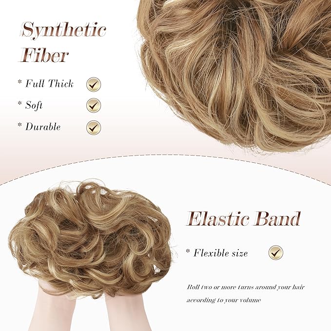 FESHFEN Messy Bun Hair Piece - Wavy Synthetic Chignon Scrunchies for Instant Volume, Elastic Bun Ponytail Hair Extensions Thick Hairpieces for Women, Light Brown & Mixed Blonde 1.50 oz