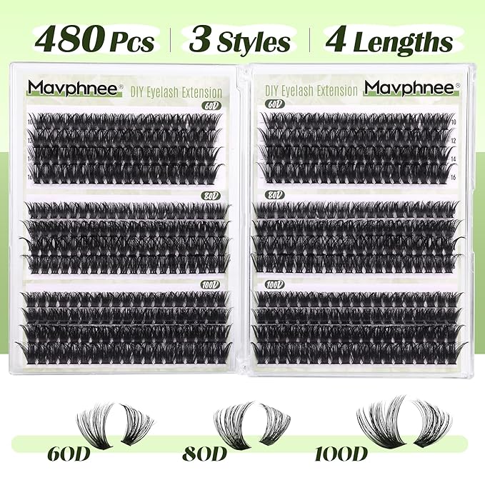 D-Curly Cluster Eyelash Extensions 480Pcs Volume Lash Extensions DIY Eyelash Extensions for Beginners Wispy Eyelash Clusters Natural Full Thick Individual Lashes Clusters (60D 80D 100D Mixed, 10-16MM)