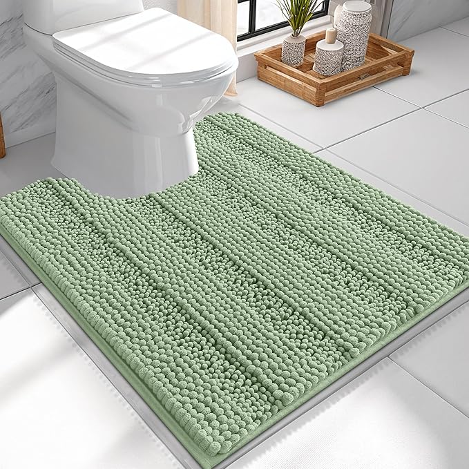OLANLY Thick Toilet Rugs U-Shaped 24x20, Extra Soft Absorbent Chenille Striped Contour Bathroom Rugs for Toilet, Dry Quickly, Machine Washable, Non-Slip Bath Mat, Sage Green
