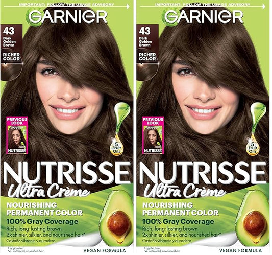 Garnier Hair Color Nutrisse Nourishing Creme, 43 Dark Golden Brown (Cocoa Bean) Permanent Hair Dye, 1 Count (Packaging May Vary) (Pack of 2)