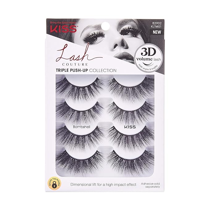 KISS Triple Push-Up, False Eyelashes, 'Bombshell', 14mm, Includes 4 Pairs Of Lashes, Easy to Apply, Reusable Lash Clusters