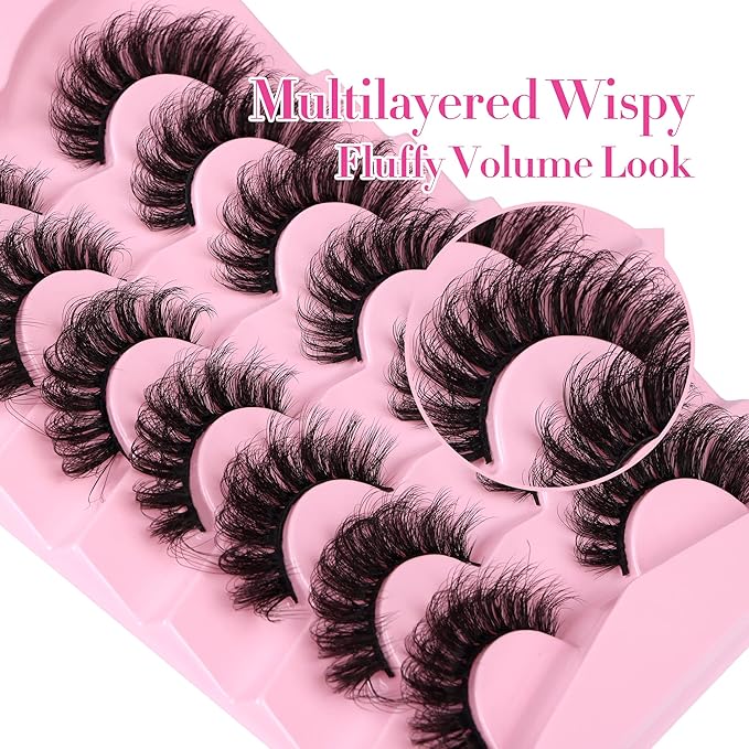 JIMIRE Faux Mink Lashes Volume False Eyelashes with Lash Glue Kit 18MM Dramatic Fluffy Cat Eye Lashes Russian Strip Lashes D Curl Mink Lashes Fluffy 7 Pairs Pack