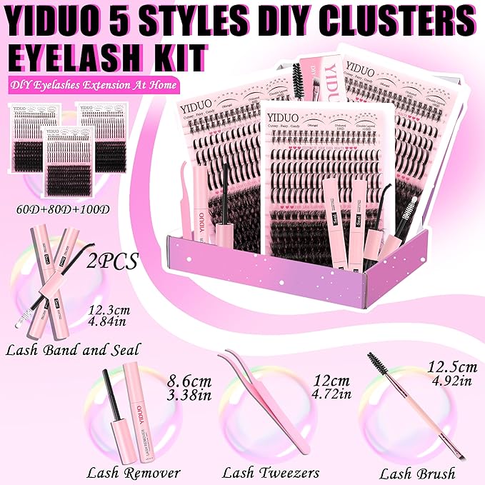 Lash Clusters Kit with Spikes Bottom clusters Eyelash Extensions 808Pcs with 2X Bond&Seal 60D/80D/100D 3D Volume D Curl Wispy DIY Individual Lashes Large Pack for Beginners Choice