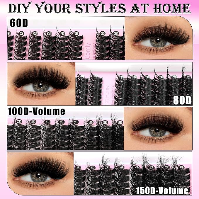 4 Styles Lash Clusters Kit 60D+80D+100D+150D Volume Clusters Lashes Extensions Kit with 2 Bond and Seal 10-18mm Wispy D Curly Full DIY Individual Eyelash Extensions Kit DIY at Home Easily