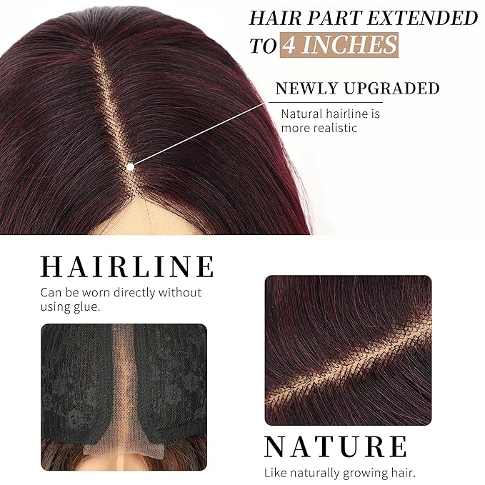 AISI HAIR Wig for Women, Long Red Wavy Lace Hairline Middle Part Synthetic Heat Resistant Wig for Daily Party-26 Inch