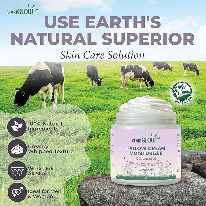 Clariglow Whipped Beef Tallow Skin Moisturizer - 100% Grass Fed Beef Tallow Face Cream - Natural Lotion Balm Body Moisturizer with Honey & Lavender - 4 oz