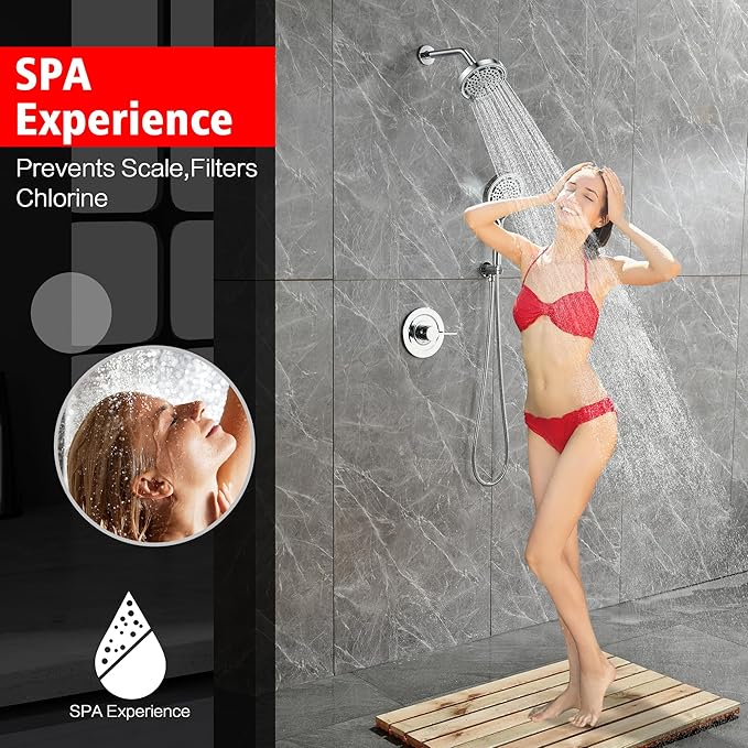 SUMERAIN Shower Faucet Set with 6-Spray Handheld Filtered Shower Head, Chrome Wall Mounted Rainfall Shower System