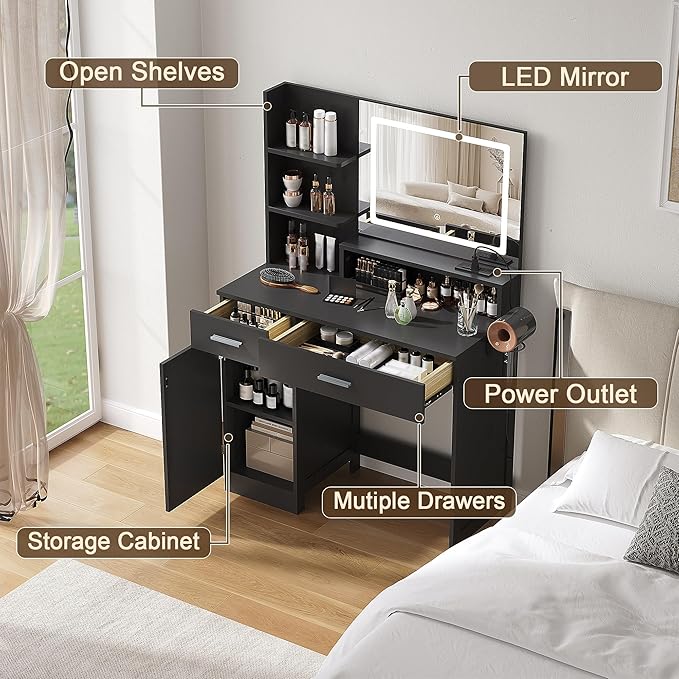 Vanity Desk with LED Mirror and Lights, Makeup Vanity Table with Power Outlet, Drawers, Cabinet, Dressing Table with Open Storage Shelves for Bedroom, Dressing Room, Black
