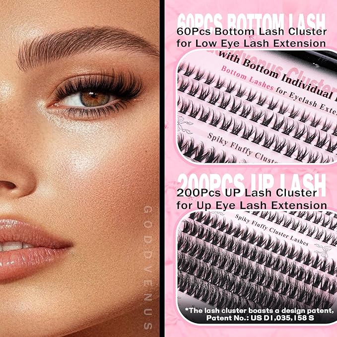 Wispy Lash Clusters Kit Cluster Eyelash Extensions Natural Lash Extension Kit C Curl Fluffy Individual Eyelashes with Bottom Lashes Clusters Waterproof Bond and Seal DIY at Home