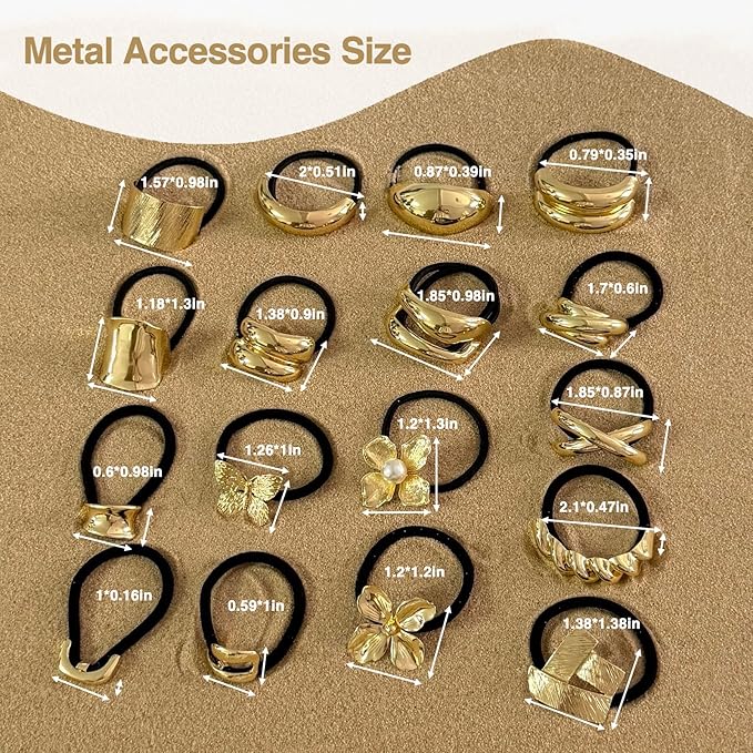 3PCS Golden Metal Hair Ties – No Damage Thick Band, High Elasticity, Durable, Stylish Golden Geometric Ponytail Holders Hair Accessories for Women