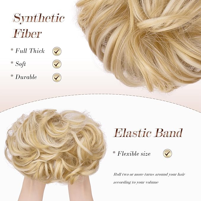 FESHFEN Messy Bun Hair Piece - Wavy Synthetic Chignon Scrunchies for Instant Volume, Elastic Bun Ponytail Hair Extensions Thick Hairpieces for Women, Champagne Blonde & White Blonde 1.50 oz
