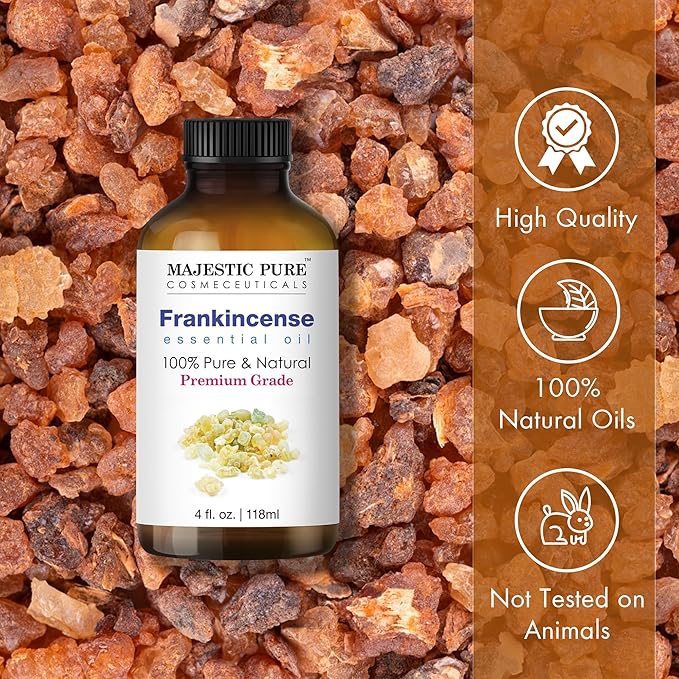 Majestic Pure Essential Oil with Glass Dropper - 100% Pure and Natural - Essential Oils for Diffuser, Aromatherapy, Soap and Candle Making, Frankincense Essential Oil, Frankincense Oil, 4 Fl Oz