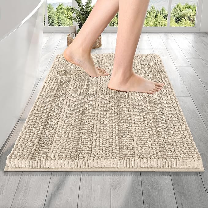 OLANLY Thick Bathroom Rugs 24x16, Extra Soft Absorbent Chenille Striped Bath Rugs, Rubber Backing, Machine Wash Dry, Bath Mats for Bathroom Floor, Tub and Shower, Home Decor Accessories, Sand