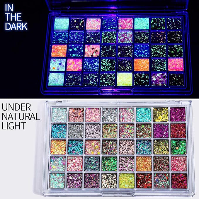 FANDAMEI 40 Colors Glow in The Dark Glitter, Face Glitter for Kids Women Girls, Body Glitter Hair Glitter for Halloween Rave Carnival Party Glitter Makeup